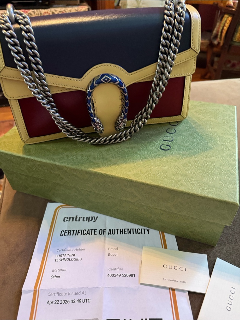 Gucci Dionysus Medium Shoulder Bag Navy, Red Yellow W Silver Shoulder Chain COA